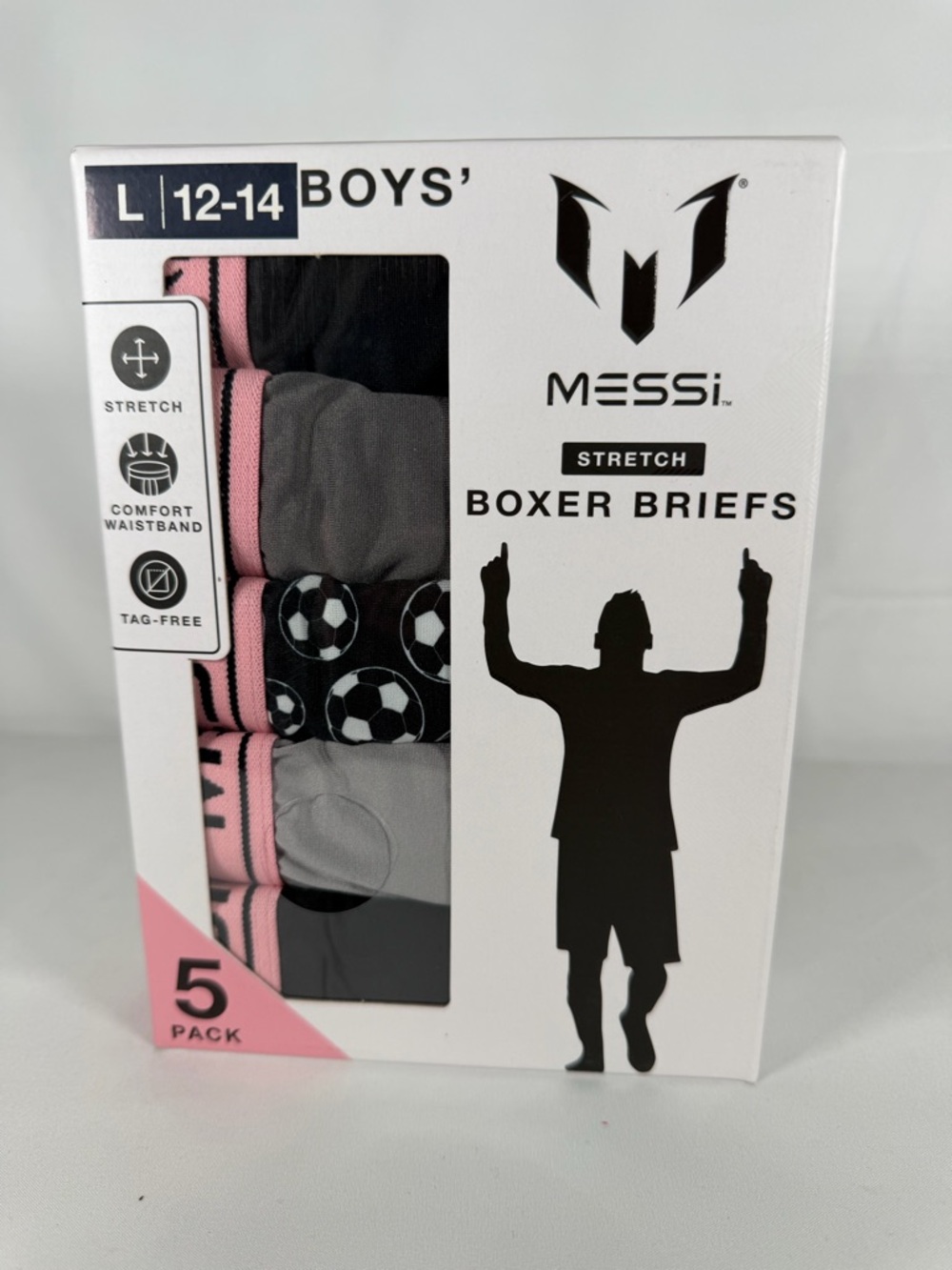Messi Boys' Stretch Boxer Briefs - Pink & Gray (5-Pack)